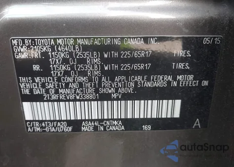 2015 Toyota Rav4 Xle из США, поврежденный, VIN 2T3RFREV8FW338801